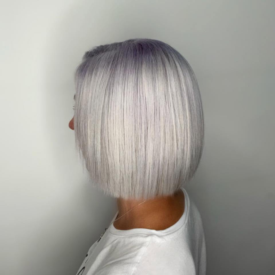 A precise silver-lilac bob from the salon's Facebook archive